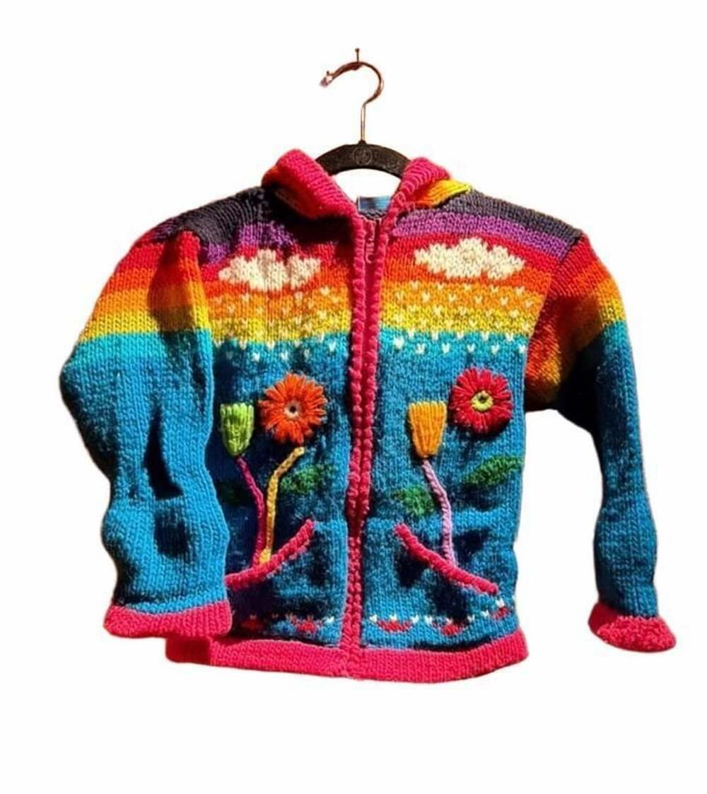 Norskwear Kids Rainbow Flower Embroidered Wool Full Zip Hooded Cardigan Sweater